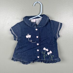 BABY‎ Q Denim Shirt Heart Buttons Ribbon Flowers Size 12 MOS